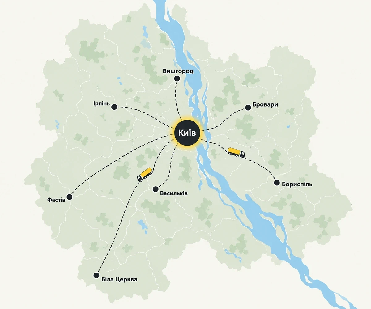 Схема заправки генераторів і котлів у Києві та Київській області: Вишгород, Ірпінь, Фастів, Васильків, Бориспіль, Бровари, Біла Церква